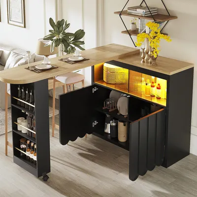 Produktbild von MODFU Moderner Bartisch Küchenschrank mit LED-Beleuchtung und Ladefunktion,Bartisch Hochtisch mit gestreifte Schranktüren,Schwarz