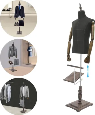 Image de Mannequin masculin – Mannequin de couture complet – Hauteur réglable de 1,35 à 1,8 m – Pied métallique – Bras articulés et amovibles – Présentoir pour magasin – Gris foncé