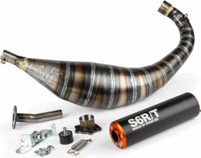 Imagen del producto de Escape Stage6 R/T de 80-90 cc, mecanizado CNC, color naranja/, con diseño de paso bajo, compatible con Derbi EBS050/D50B.