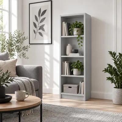 Zdjęcie produktu dla SELO Nowoczesny regał na książki 50 x 31 x 148 cm – popielaty – 4 półki – otwarty regał wolnostojący z płyty meblowej o grubości 16 mm, Obraz wygenerowany przez AI
