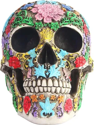 Productafbeelding van Sculptuur van een schedel, Dag van de Doden, schedelbeeld met bloemblaadjes, Halloween-ornamenten van hars, schedelornamenten voor thuis en de eettafel