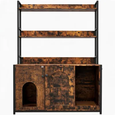 Productafbeelding van Kattenbakmeubel - Kattenmeubilair - 132 cm - Drievoudig - Hout - Dubbele deuren - Krabplank - Opbergvakken