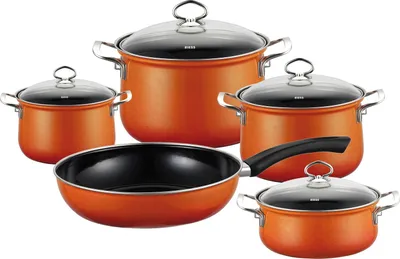 Immagine prodotto di Set di pentole e padelle Riess da 5 pezzi con coperchio in vetro smaltato New Corall