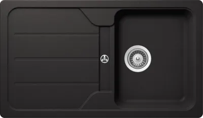 A top-down view of a black kitchen sink with a drain and a ribbed drying area.