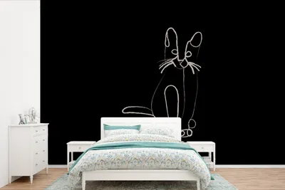 Produktbild von MuchoWow® Fototapete für Wohnzimmer oder Schlafzimmer Wandtapete Vinyl Motivtapete Katze - Strichzeichnung - Weiß - 420x280 cm - Zimmer für Kinder