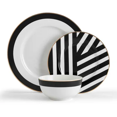 A set of Mikasa Luxe Deco dinnerware, including plates and a bowl, arranged on a white background.