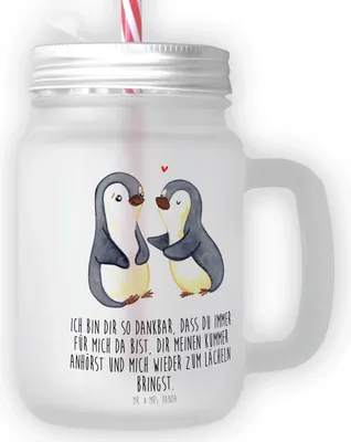 Produktbild von Mr. & Mrs. Panda Glas Pinguine trösten - Transparent - Geschenk, Mitbringsel, Mason Jar, Liebesbeweis, Mit Deckel Und Strohhalm, Valentinstag, Freundin, Trinkglas, für