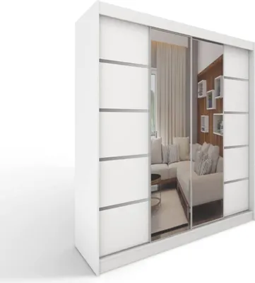Produktbild von Easy Furniture C5 Schiebetüren Kleiderschrank 150 x 200 x 58 cm mit Spiegel - Schlafzimmermöbel, Aufbewahrung - Mehrzweckschrank - Farbe: Weiß - 2 Schiebetüren