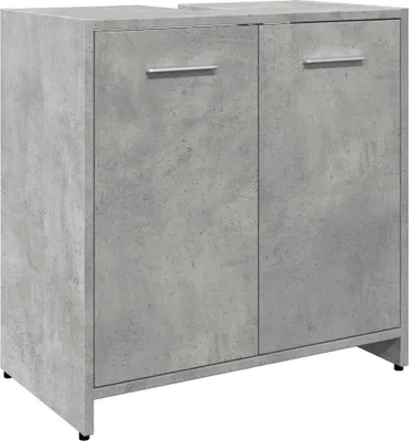 A concrete-effect washbasin cabinet with two doors and silver handles, shown against a white background.