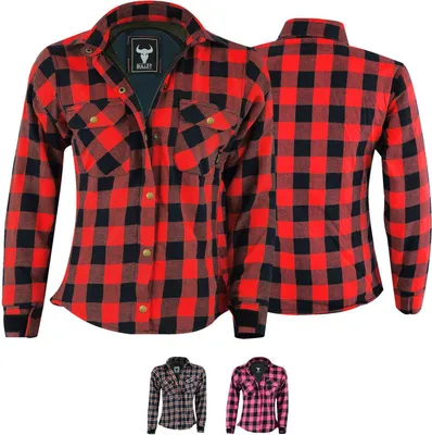 Damen-Motorradshirt im Lumberjack-Stil in Rot, Vorder- und Rückansicht, BLD1200. Sorgfältig aus Baumwolle mit Polyester-Innenfutter gefertigt, mit Schulter-, Ellenbogen- und Rückenprotektoren, erhältlich in 2 Grundfarben.