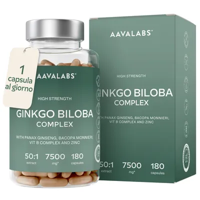 Immagine prodotto di Aavalabs Ginkgo Biloba 50:1 | Ginseng e Bacopa | Memoria e concentrazione | 180 capsule