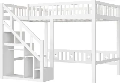 Produktbild von UnboxG Etagenbett 140x200cm mit Treppe und Stauraum, Hochbett mit Rausfallschutz, Kinderbett mit Lattenrost, Doppelbett Stockbett Holzbett, Weiß
