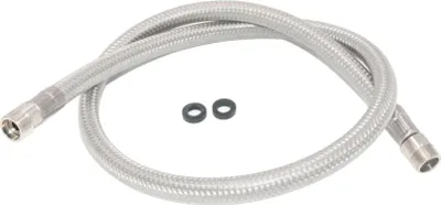 A braided metal hose with two small rubber O-rings on a white background.