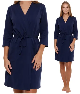 Produktbild von Damen Bademantel - klassischer Bademantel Größe XXL - Baumwoll Bademantel blau - knielanger Bademantel