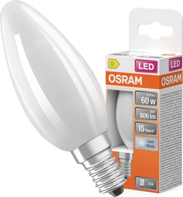 Obrázok produktu pre LED žiarovka OSRAM LED Star Classic v klasickom tvare mini sviečky, biela, studené biele svetlo (4000 K) s výkonom 5,5 W / 806 lm, z matného bezolovnatého skla, pätica E14, IP20, EEK D, priemer 35 mm.