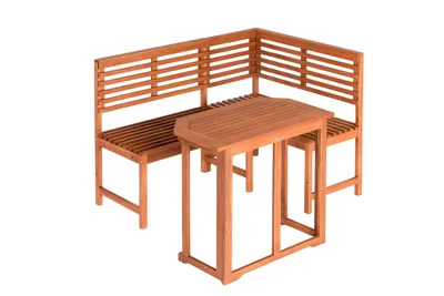 A wooden corner bench with a table, shown from a diagonal angle against a white background.