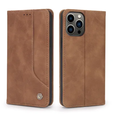 Obrázek produktu pro RetroPolyuretankožené pouzdro pro iPhone 14 Pro peněženkový design pouzdro s držákem na karty a stojánkem Hnědý