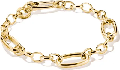 A gold-colored bracelet with interlocking oval and circular links, presented on a white background.