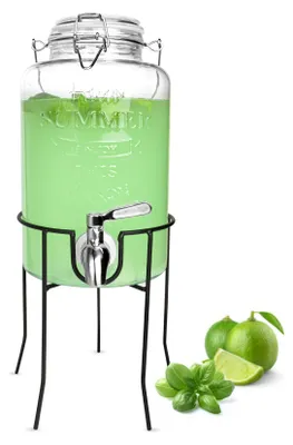 Immagine prodotto di distributore di bevande da 3 litri con rubinetto in acciaio inox, coperchio in vetro e supporto Dispenser