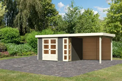 Produktbild von Karibu Gartenhaus Gerätehaus Kerko 5 im Set mit Anbaudach 2,80 m Breite und 19 mm und Rückwand terragrau 557x246x210 cm