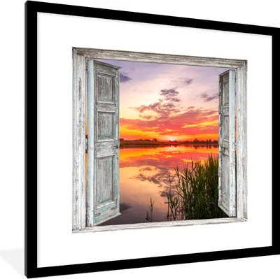 Produktbild von MuchoWow® Gerahmtes Poster Landschaft - Sonnenuntergang - Wasser - Aussicht 40x40 cm - Poster mit Schwarzem Bilderrahmen Wandposter Rahmen Foto Bilder - Poster - Plakat im Rahmen