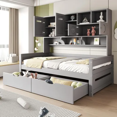 A grey daybed with storage drawers and a hutch filled with decorative items, set in a child's bedroom.