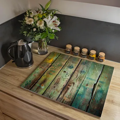 Produktbild von banjado Herdabdeckplatte zweiteilig je 30x52cm groß mit Gummi Abstandshalter, ESG Sicherheitsglas mit Motiv Grünes Holz [HAP2 12157]