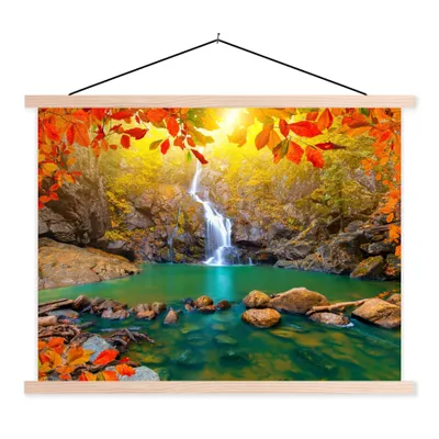 Produktbild von MuchoWow® Textilposter Steine - Baum - Wasserfall - Herbst - Rot 120x90 cm mit holzfarbenen Rahmen - Magnetisch