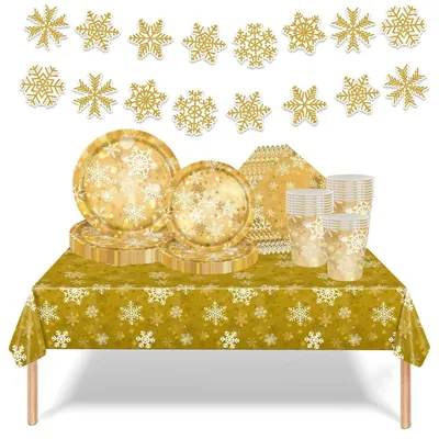 Image de Ensemble de vaisselle de Noël, 70 pièces : assiettes, gobelets, serviettes, nappe, guirlande décorative