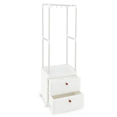 Produktbild von GOPLUS Kleiderständer mit Rollen, Garderobenständer mit 4 Haken & 2 Schubladen, Garderobe mit Kleiderstange, 52 x 40 x 161 cm, Weiß