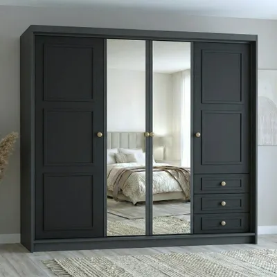 Produktbild von Geräumiger viertüriger Kleiderschrank OSLO mit Schubladen und Metallgriffen – modernes Design Farbe: Graphit , Schwarz