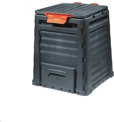 A black plastic compost bin with an orange lid latch, shown against a white background.