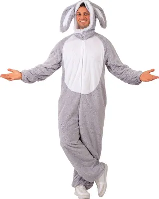 A man wearing a grey rabbit costume with large ears and a white chest panel, standing with his arms outstretched.