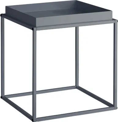 A gray metal side table with a tray top, shown against a white background.