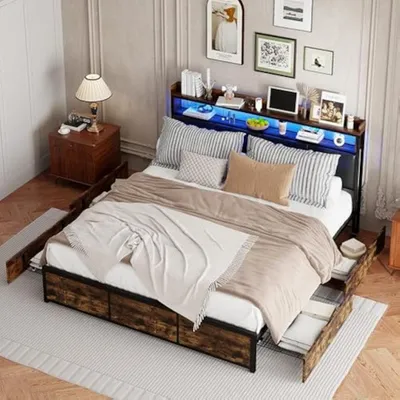 Productafbeelding van Bedframe - Bedkast - Nachtkastje - Opberglade - Boxspringframe - Metaal & Hout - 4 Lade Opbergruimte
