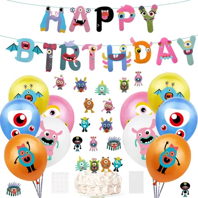 Produktbild von Oblique Unique Happy Birthday Geburtstag Monster Party Deko Set - Luftballons + Happy Birthday Girlande + Torten Topper