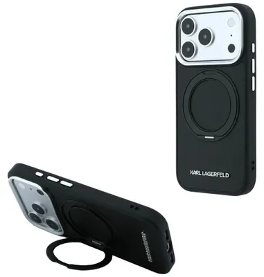 Immagine prodotto di Custodia per iPhone 18 Pro Max / 17 Pro Max, con supporto ad anello a 360 gradi, motivo Saffiano Classic Logo di Karl Lagerfeld, compatibile con MagSafe, colore nero