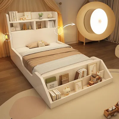 Produktbild von Holzbett Einzelbett 90x200 cm Jugendbett/Kinderbett mit Ablageflächen, Nachtlichtern, abnehmbarem Bücherregal,Bettgestell mit Lattenrost,ohne Matratze