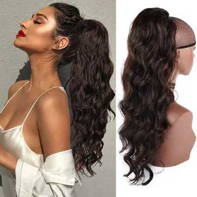 Produktbild von Pferdeschwanz Haarteil Clip Extensions Zopf Kordelzug Lang Wellig Dunkelbraun Haarverlängerung Afro Lockig