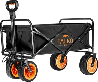 A black and orange electric folding wagon with the brand logo visible.