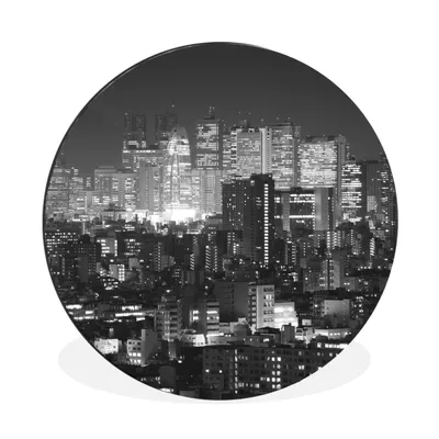 Produktbild von MuchoWow® Aluminium Wandkreis Wolkenkratzer - Schwarz - Weiß - Nacht Ø 30 cm Wanddeko Modern Wohnzimmer - Wand Bild - Wohnzimmer - Runde Bilder - Alubilder - Kunst für zu Hause - Aluminium - Wanddekoration