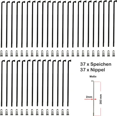 Produktbild von 37x Speichen 283mm VERZINKT 2mm inkl. Messing Speichennippel
