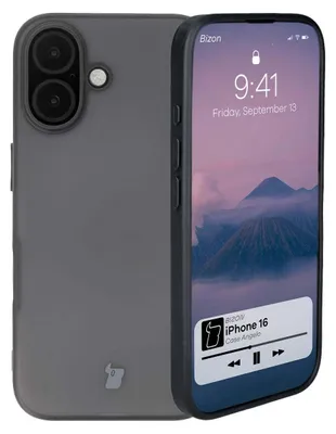A smartphone case is shown from the back and front, with the phone screen displaying the time and music.