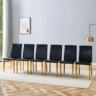 Obrázek produktu pro Jídelní židle, sada 6 kusů, minimalistický design, potah z umělé kůže (PU), kovové nohy, lehce provedení (černá + zlatá)