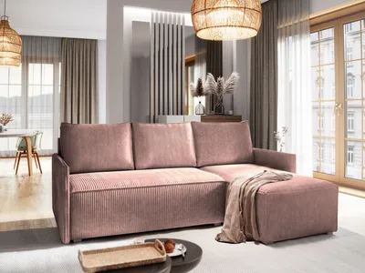 Zdjęcie produktu dla Masseno narożnik PERUSI z funkcją spania w kształcie litery L, sofa z pojemnikiem na pościel, sofa do salonu, kanapa, sofa rozkładana, zestaw wypoczynkowy - fioletowy, POSO 130
