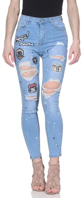 Produktbild von Damen Jeans Skinny Stretch Hose zerrissen - Push Up Denim Hellblau mit Patches & Aufnähern - y Röhrenjeans Löcher kaputt - Mid Waist Mittlere Bundhöhe - SOTALA Markenjeans 40 (L)