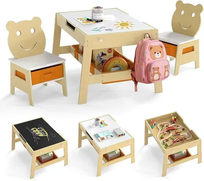 Imagen del producto de Mesa infantil Silecomplaza con 2 sillas con forma de oso, mesa de dibujo 5 en 1 con superficie reversible y pizarra, conjunto de asientos para niños con 4 ganchos y compartimentos de tela, para niños a partir de 3 años, 70 x 60,5 x 45 cm (color natural)