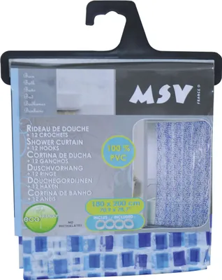Produktbild von MSV Duschvorhang PVC Anti Schimmel 100% wasserdicht 180x200 cm + 12 Duschvorhangringe "Mosaik blau"