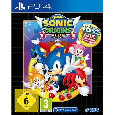 The image shows the front cover of a video game case for 'Sonic Origins Plus' on PS4.