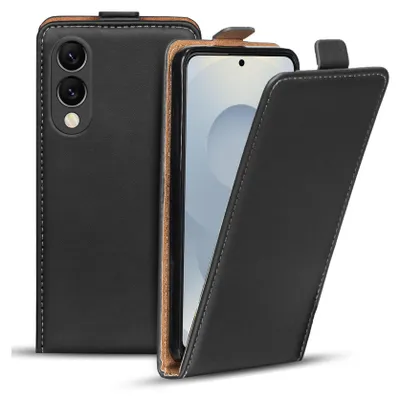 A black flip case for a smartphone is shown, with the front cover partially open.
